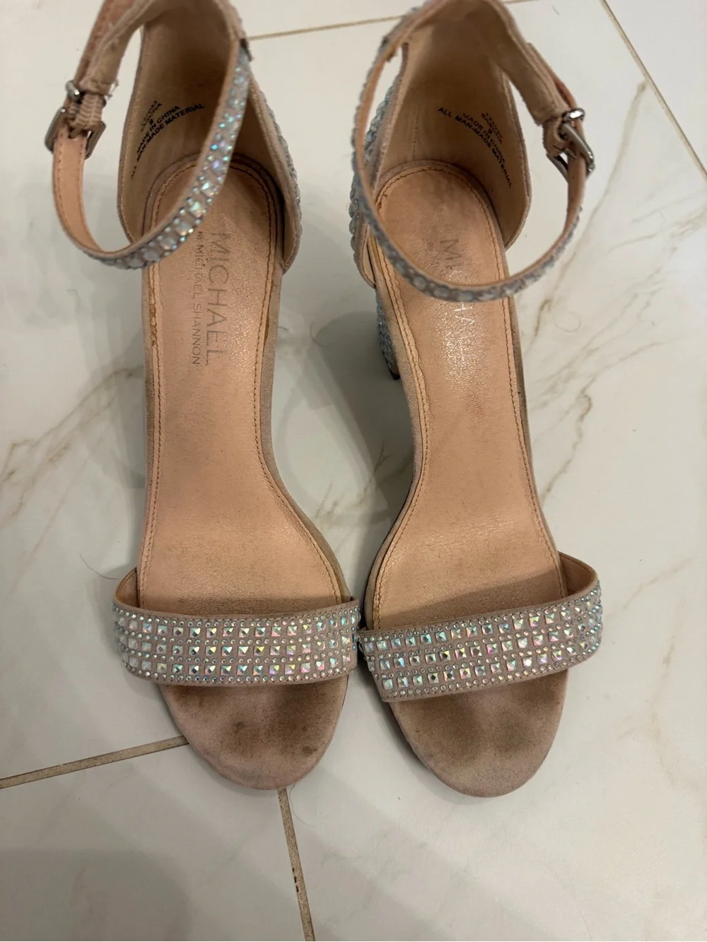 Michael Shannon Blush Pink Crystal-Stud Block Heel Sandals